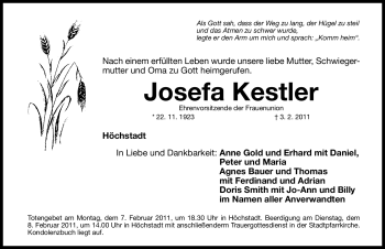 Traueranzeige von Josefa Kestler von Nürnberger Nachrichten