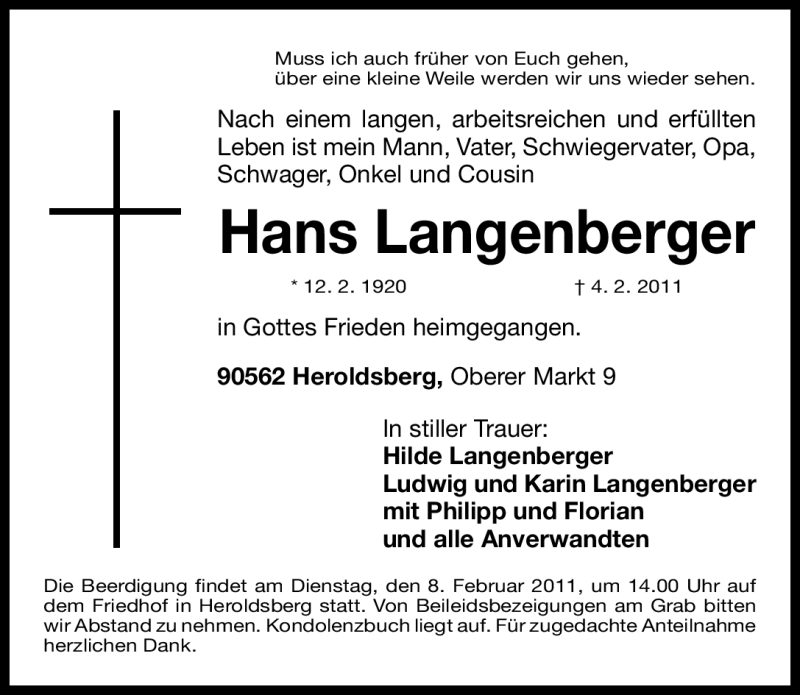  Traueranzeige für Hans Langenberger vom 05.02.2011 aus Nürnberger Nachrichten