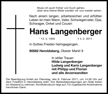 Traueranzeige von Hans Langenberger von Nürnberger Nachrichten