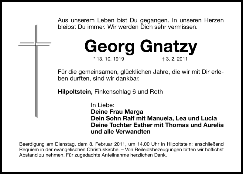  Traueranzeige für Georg Gnatzy vom 05.02.2011 aus Nürnberger Nachrichten