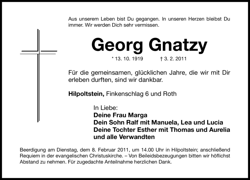  Traueranzeige für Georg Gnatzy vom 05.02.2011 aus Nürnberger Nachrichten