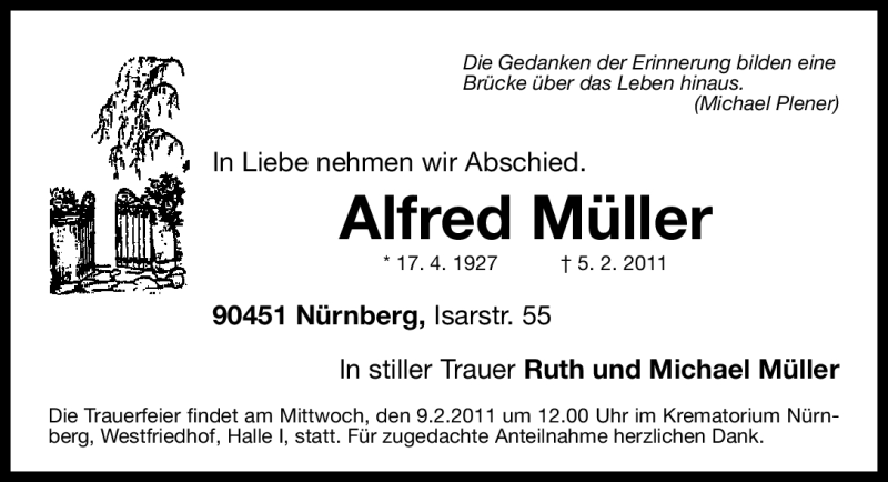  Traueranzeige für Alfred Müller vom 07.02.2011 aus Nürnberger Nachrichten
