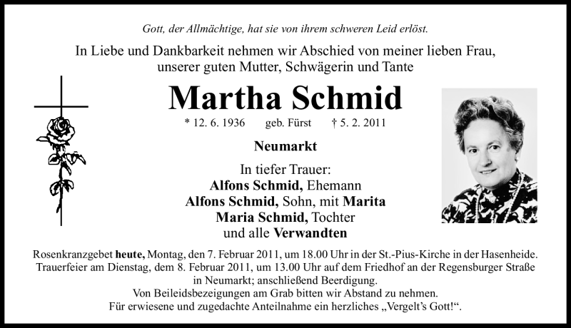  Traueranzeige für Martha Schmid vom 07.02.2011 aus Nürnberger Nachrichten