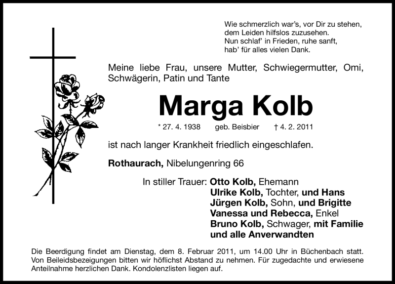  Traueranzeige für Marga Kolb vom 07.02.2011 aus Nürnberger Nachrichten