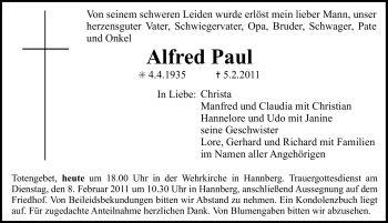 Traueranzeige von Alfred Paul von Nürnberger Nachrichten
