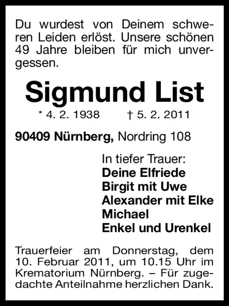  Traueranzeige für Sigmund List vom 07.02.2011 aus Nürnberger Nachrichten
