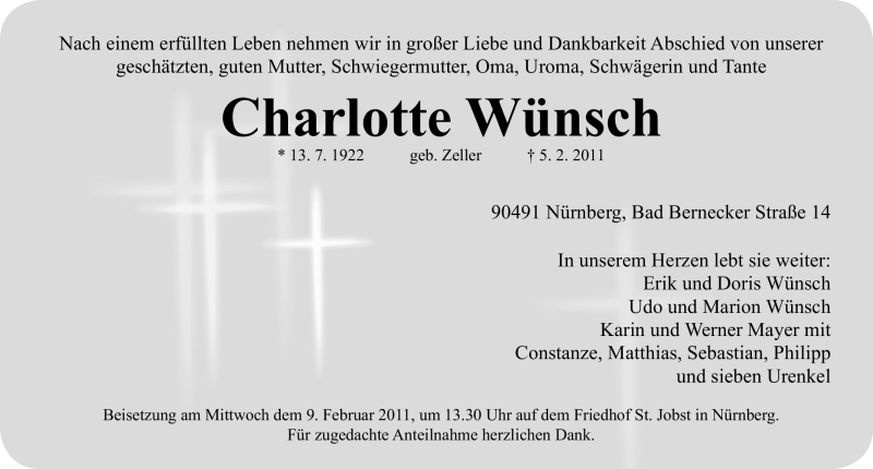  Traueranzeige für Charlotte Wünsch vom 07.02.2011 aus Nürnberger Nachrichten