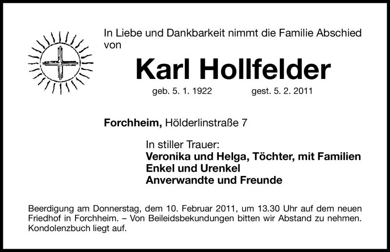  Traueranzeige für Karl Hollfelder vom 08.02.2011 aus Nürnberger Nachrichten