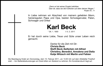 Traueranzeige von Karl Beck von Nürnberger Nachrichten
