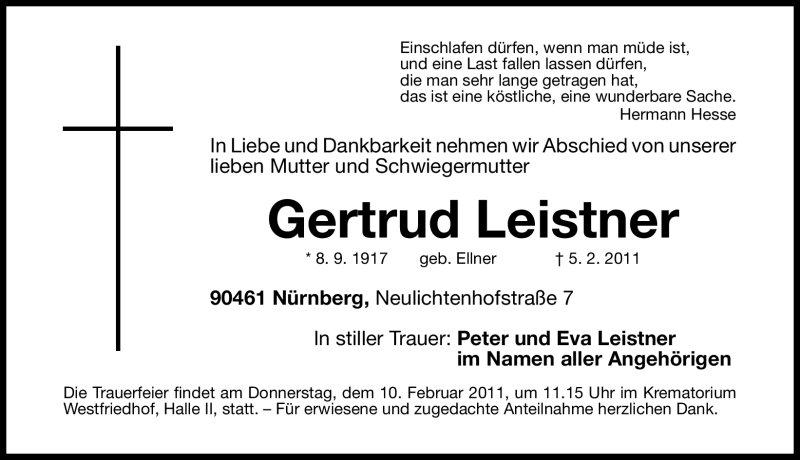  Traueranzeige für Gertrud Leistner vom 08.02.2011 aus Nürnberger Nachrichten