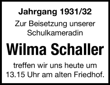 Traueranzeige von Wilma Schaller von Nürnberger Nachrichten