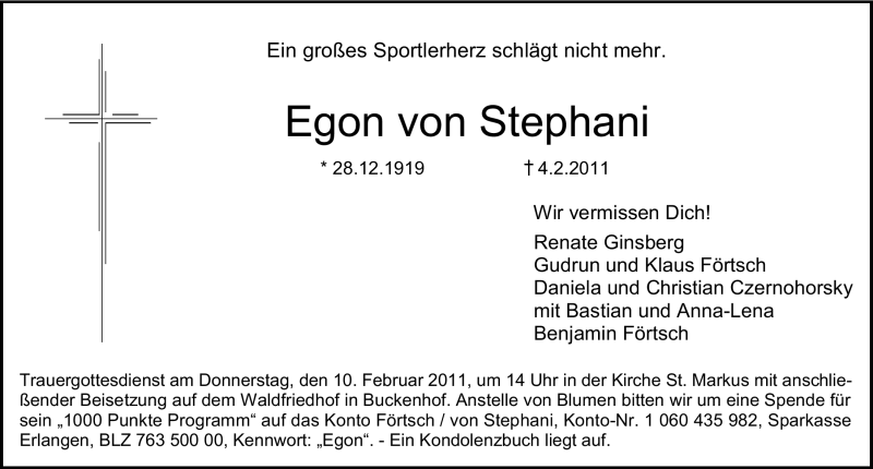  Traueranzeige für Egon von Stephani vom 08.02.2011 aus Nürnberger Nachrichten