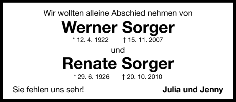  Traueranzeige für Werner und Renate Sorger vom 12.02.2011 aus Nürnberger Nachrichten