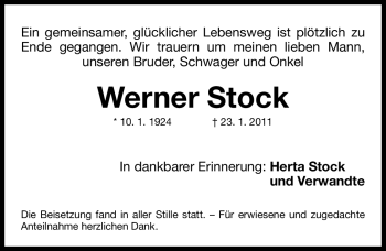 Traueranzeige von Werner Stock von Nürnberger Nachrichten