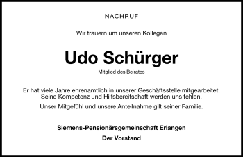 Traueranzeige von Udo Schürger von Nürnberger Nachrichten