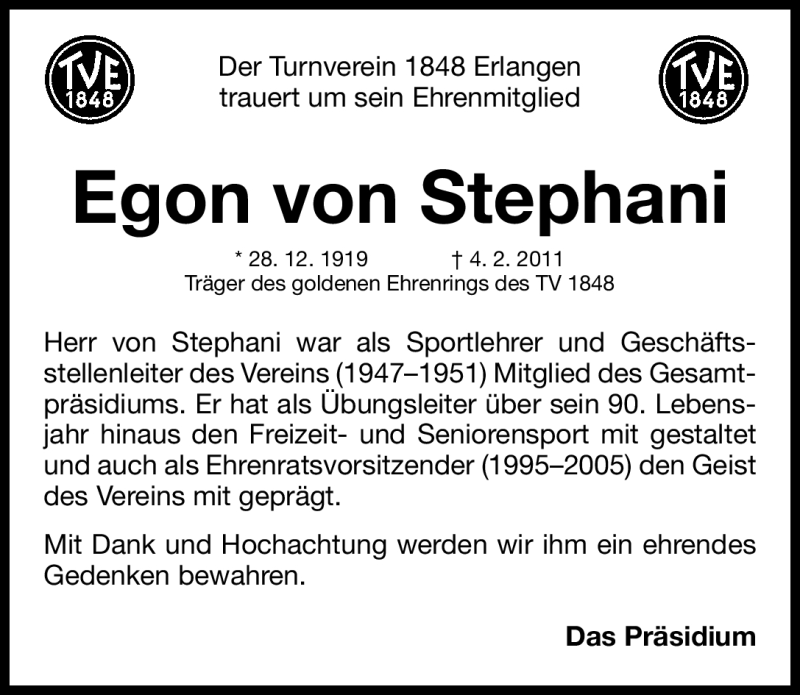  Traueranzeige für Egon von Stephani vom 09.02.2011 aus Nürnberger Nachrichten