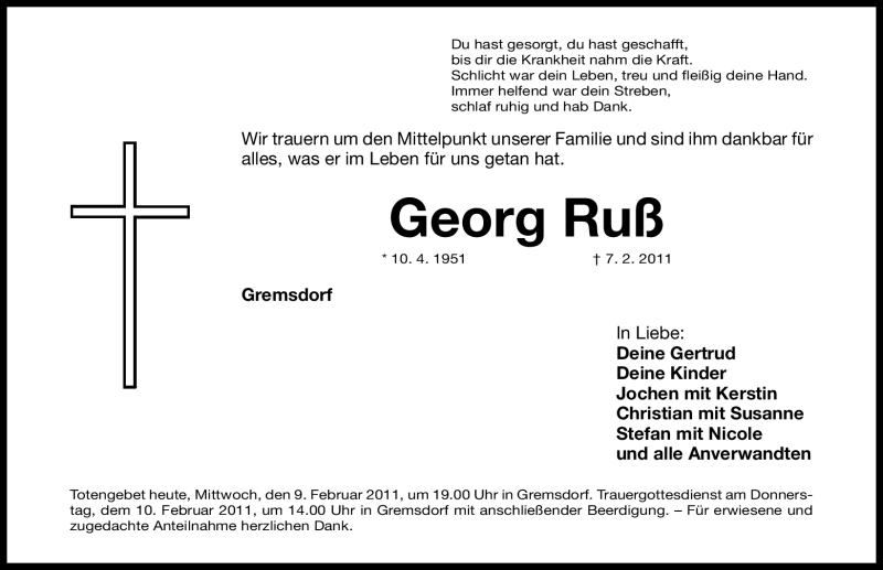  Traueranzeige für Georg Ruß vom 09.02.2011 aus Nürnberger Nachrichten