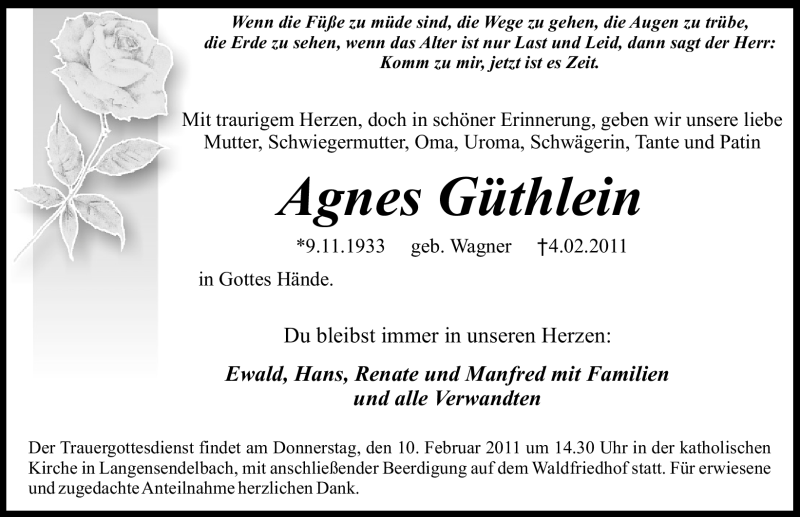  Traueranzeige für Agnes Güthlein vom 09.02.2011 aus Nürnberger Nachrichten