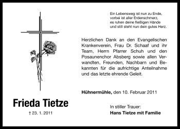 Traueranzeige von Frieda Tietze von Nürnberger Nachrichten