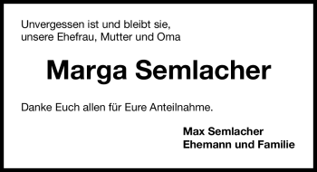 Traueranzeige von Marga Semlacher von Nürnberger Nachrichten