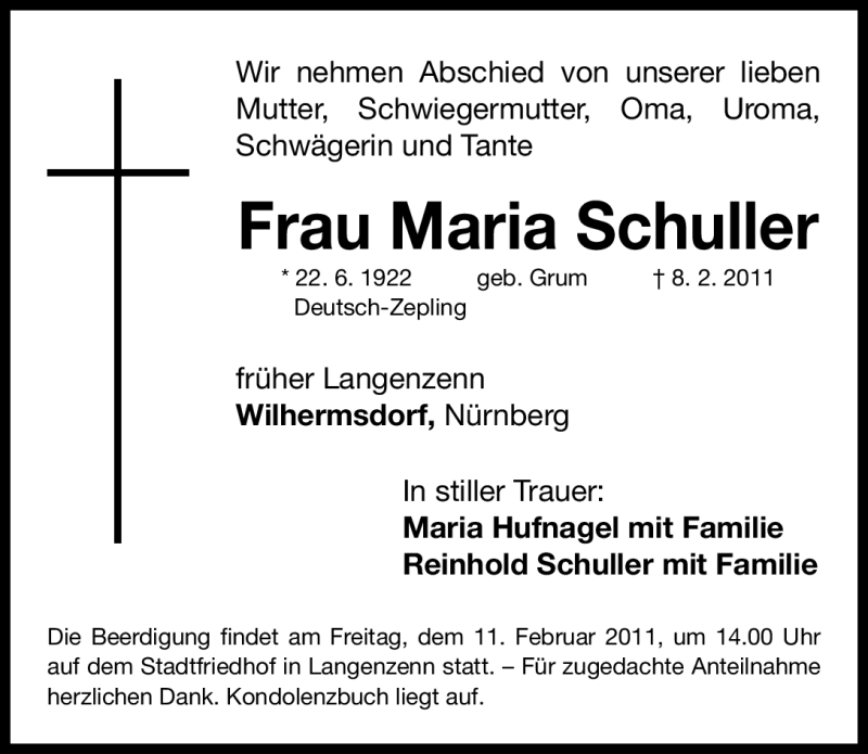  Traueranzeige für Maria Schuller vom 10.02.2011 aus Nürnberger Nachrichten