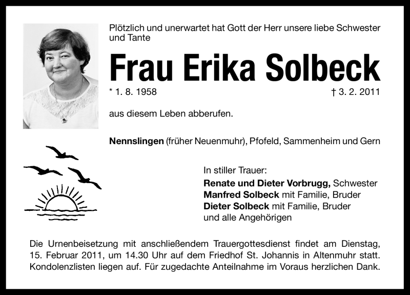  Traueranzeige für Erika Solbeck vom 12.02.2011 aus Nürnberger Nachrichten