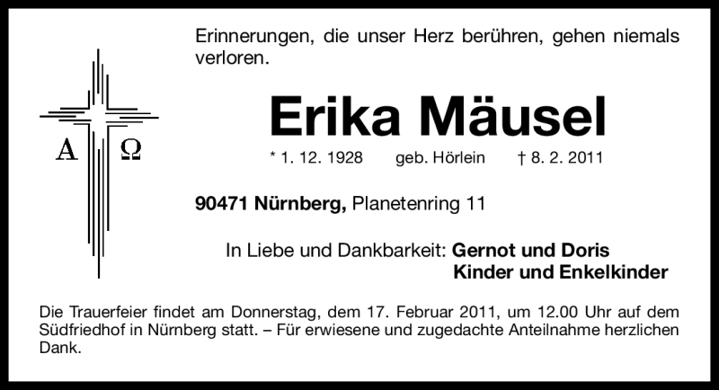  Traueranzeige für Erika Mäusel vom 12.02.2011 aus Nürnberger Nachrichten