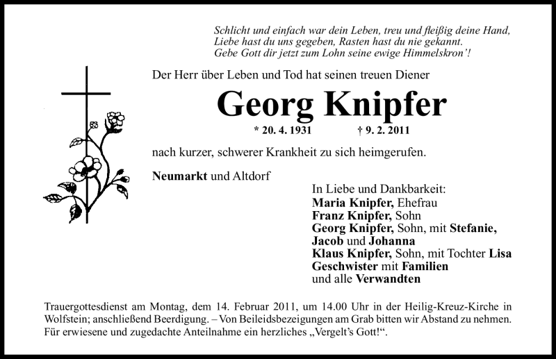  Traueranzeige für Georg Knipfer vom 11.02.2011 aus Nürnberger Nachrichten