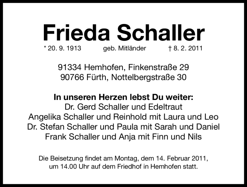  Traueranzeige für Frieda Schaller vom 11.02.2011 aus Nürnberger Nachrichten