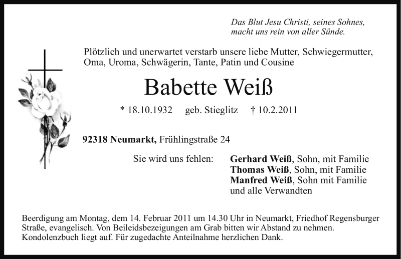  Traueranzeige für Babette Weiß vom 11.02.2011 aus Nürnberger Nachrichten