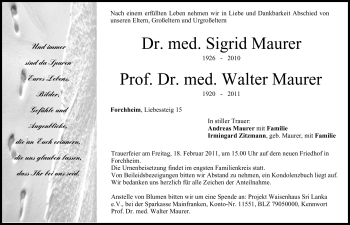 Traueranzeige von Sigrid und Walter Maurer von Nürnberger Nachrichten