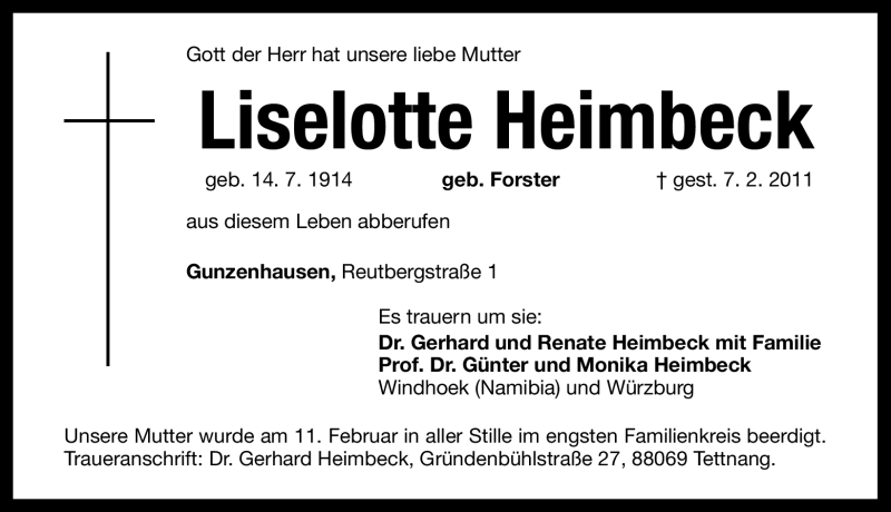  Traueranzeige für Liselotte Heimbeck vom 12.02.2011 aus Nürnberger Nachrichten