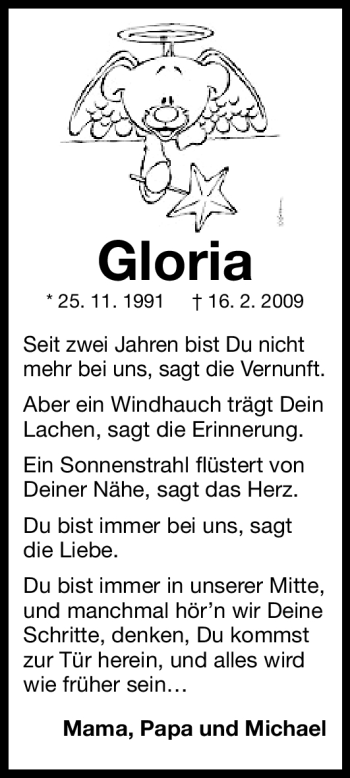 Traueranzeige von Gloria  von Nürnberger Nachrichten