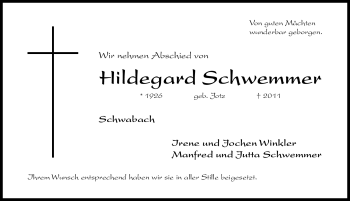 Traueranzeige von Hildegard Schwemmer von Nürnberger Nachrichten