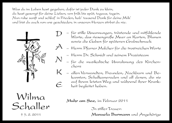Traueranzeige von Wilma Schaller von Nürnberger Nachrichten