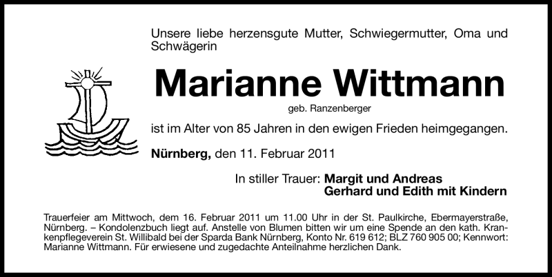  Traueranzeige für Marianne Wittmann vom 14.02.2011 aus Nürnberger Nachrichten