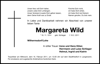 Traueranzeige von Margareta Wild von Nürnberger Nachrichten