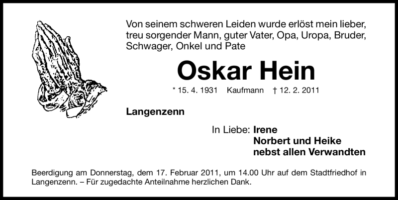  Traueranzeige für Oskar Hein vom 14.02.2011 aus Nürnberger Nachrichten