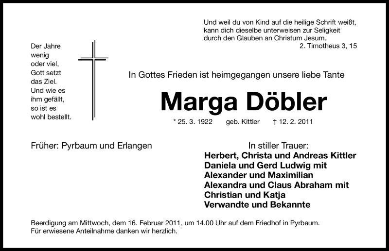  Traueranzeige für Marga Döbler vom 14.02.2011 aus Nürnberger Nachrichten