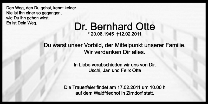  Traueranzeige für Bernhard Otte vom 14.02.2011 aus Nürnberger Nachrichten