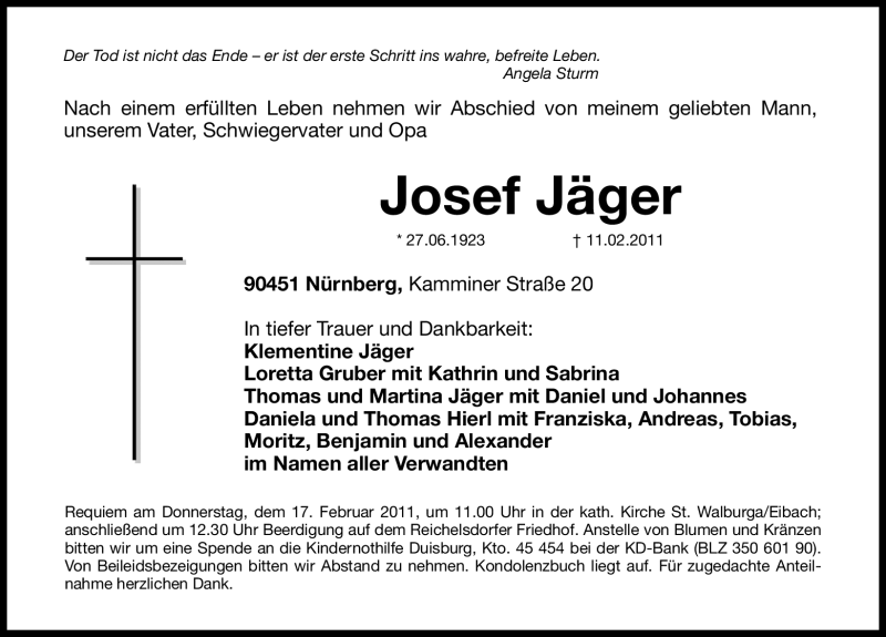  Traueranzeige für Josef Jäger vom 15.02.2011 aus Nürnberger Nachrichten