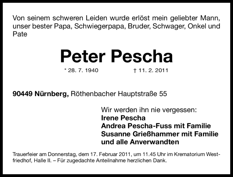  Traueranzeige für Peter Pescha vom 15.02.2011 aus Nürnberger Nachrichten