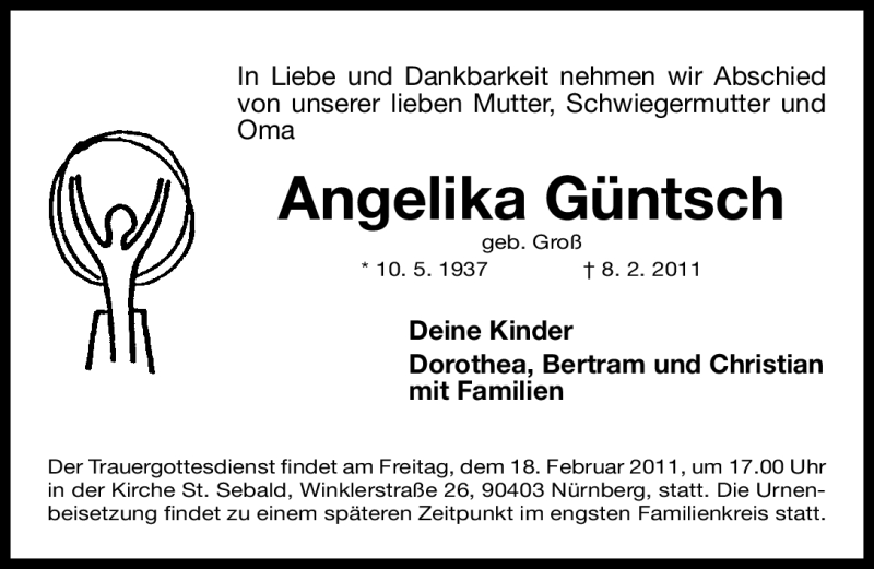  Traueranzeige für Angelika Güntsch vom 15.02.2011 aus Nürnberger Nachrichten