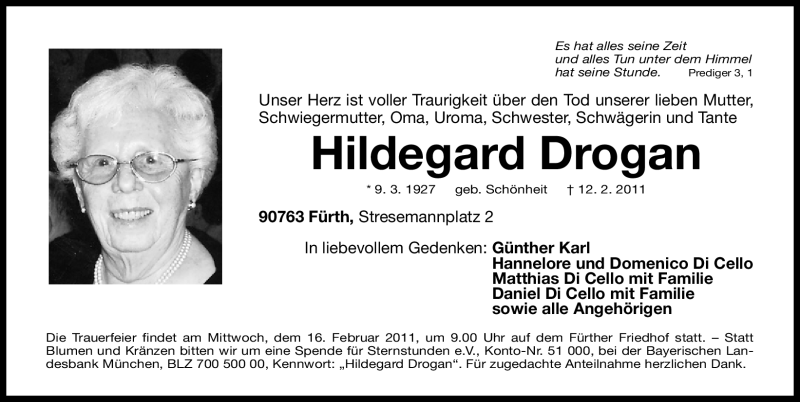  Traueranzeige für Hildegard Drogan vom 15.02.2011 aus Nürnberger Nachrichten