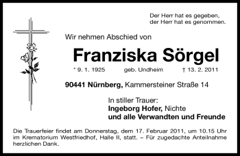 Traueranzeige von Franziska Sörgel von Nürnberger Nachrichten