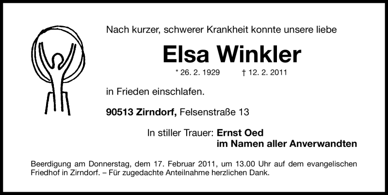  Traueranzeige für Elsa Winkler vom 15.02.2011 aus Nürnberger Nachrichten