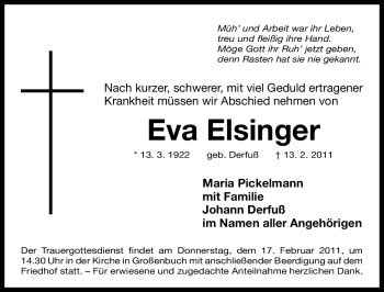Traueranzeige von Eva Elsinger von Nürnberger Nachrichten