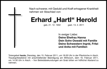 Traueranzeige von Erhard Herold von Nürnberger Nachrichten