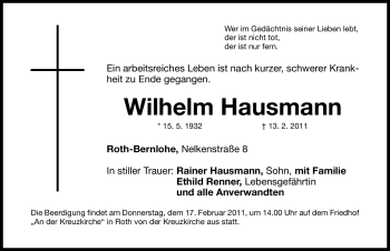 Traueranzeige von Wilhelm Hausmann von Nürnberger Nachrichten