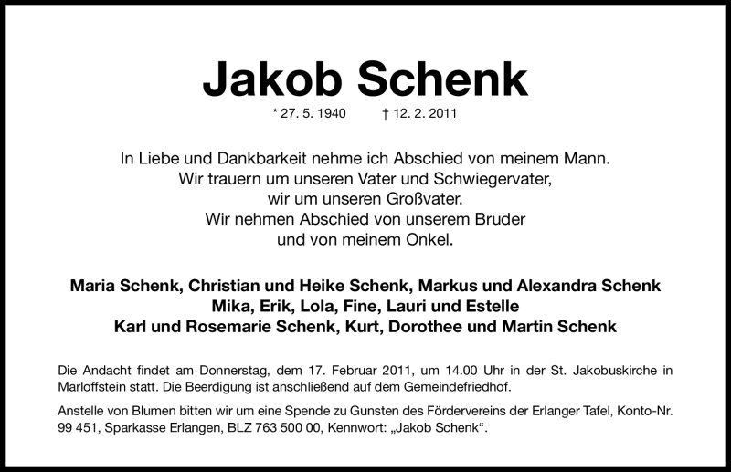  Traueranzeige für Jakob Schenk vom 15.02.2011 aus Nürnberger Nachrichten